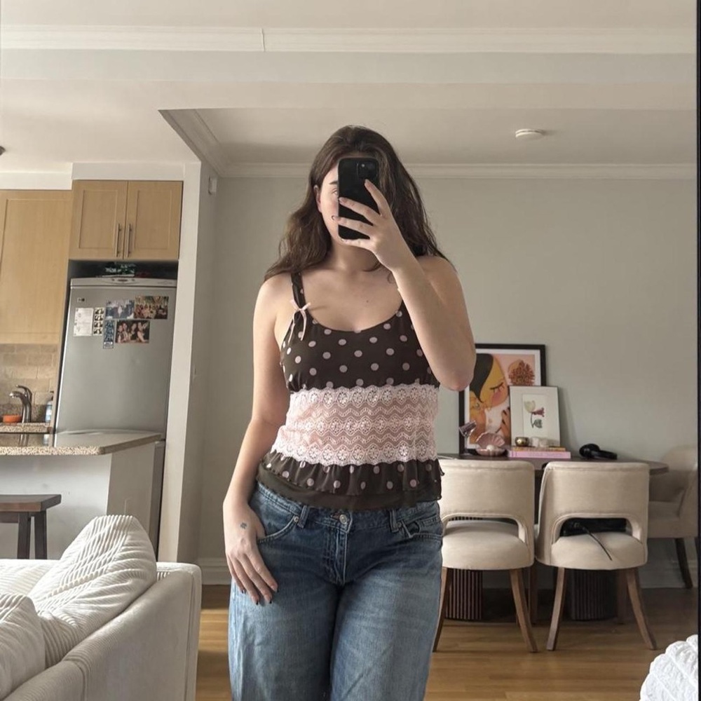 Brown Polka Dot Lace-Trim Cami Top with Pink Lace Panel
